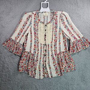 Maeve Anthropology Shirt Top Blouse Women Size 0 Floral Print Lace Ruffle Sleeve